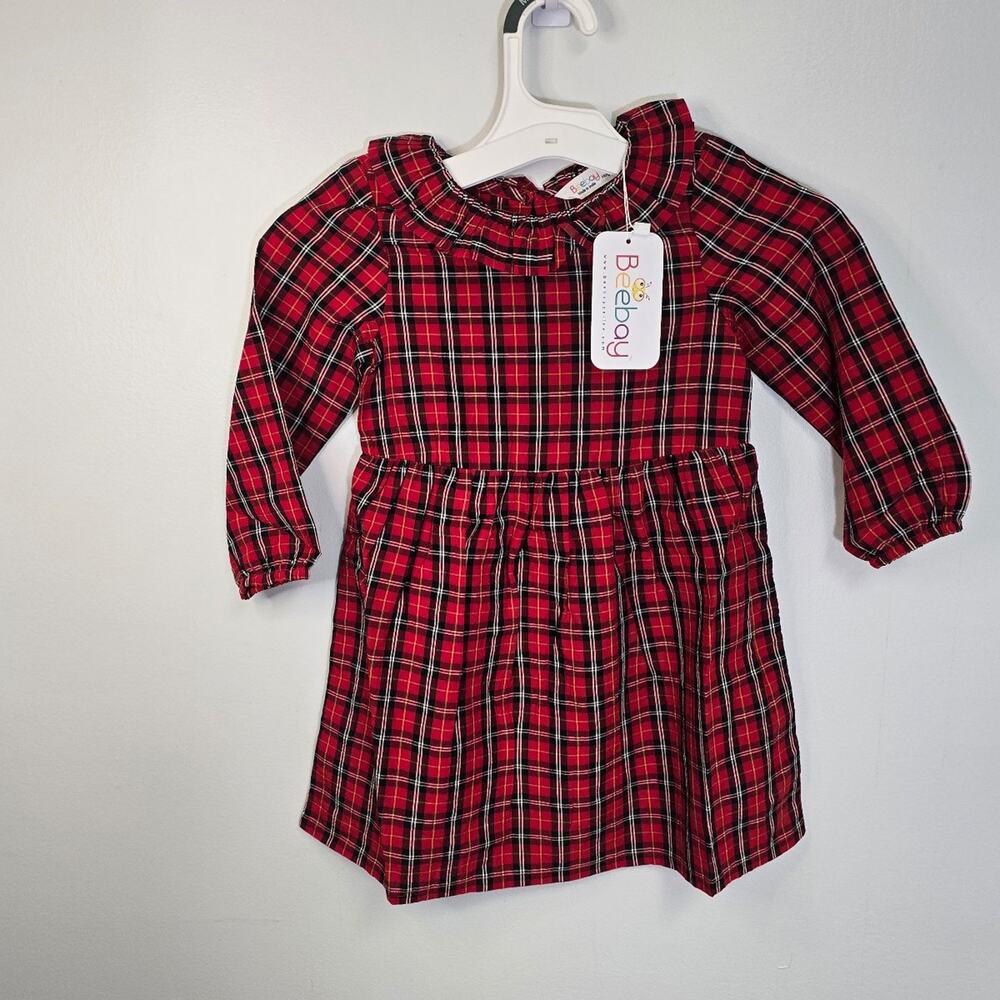 Beebay Girls Red Plaid Long Sleeve A Line Dress size 1-2 Years NWT